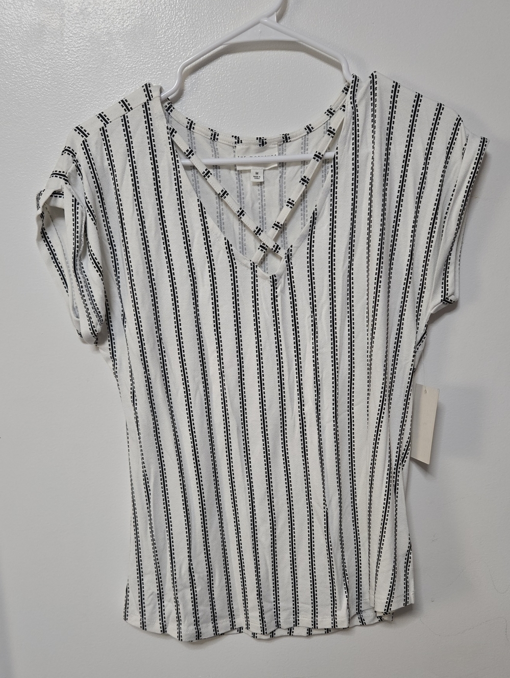 Workshop Republic Clothing White and Black Striped V-Neck Short Sleeve Top